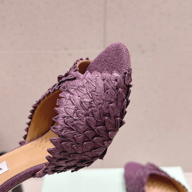 AQUAZZURA 26S HEELED MULES 80 MM IN DARK PURPLE WOVEN RAFFIA