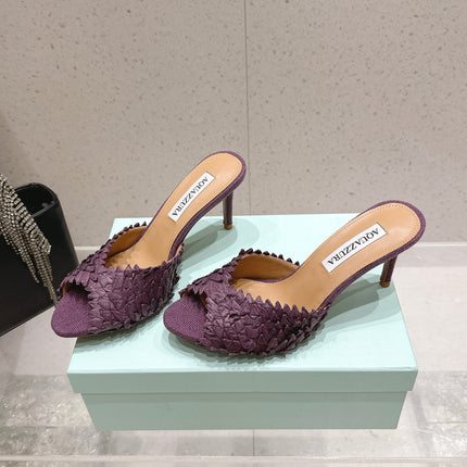 AQUAZZURA 26S HEELED MULES 80 MM IN DARK PURPLE WOVEN RAFFIA