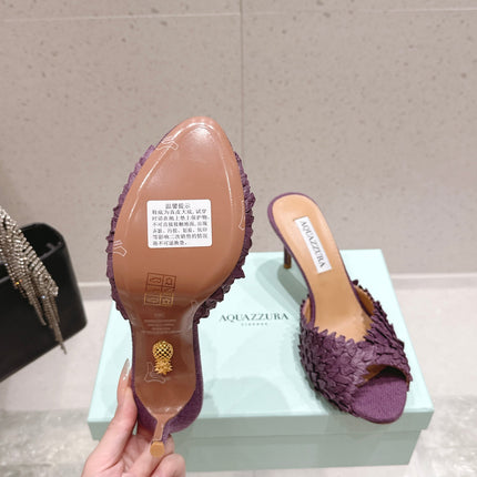 AQUAZZURA 26S HEELED MULES 80 MM IN DARK PURPLE WOVEN RAFFIA
