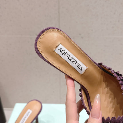 AQUAZZURA 26S HEELED MULES 80 MM IN DARK PURPLE WOVEN RAFFIA