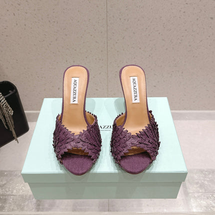 AQUAZZURA 26S HEELED MULES 80 MM IN DARK PURPLE WOVEN RAFFIA