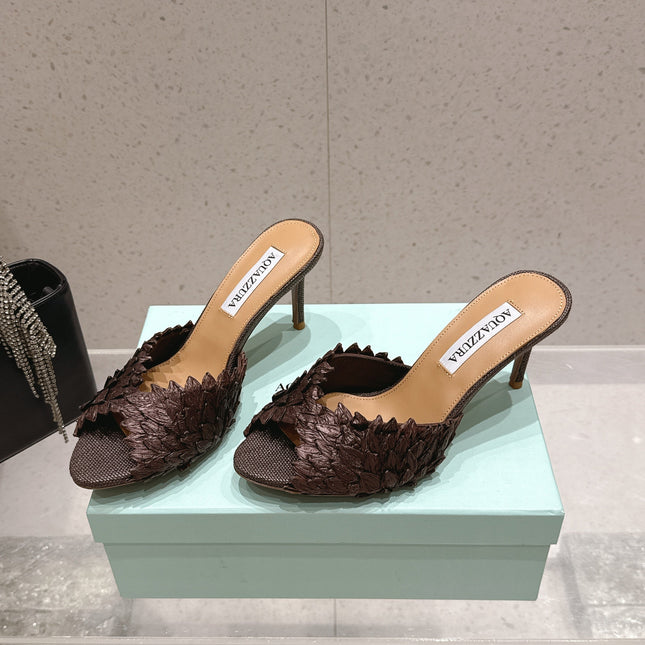 AQUAZZURA 26S HEELED MULES 80 MM IN DARK BROWN WOVEN RAFFIA