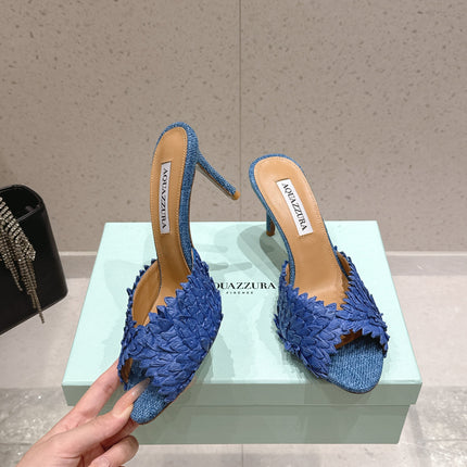 AQUAZZURA 26S HEELED MULES 80 MM IN NAVY BLUE WOVEN RAFFIA