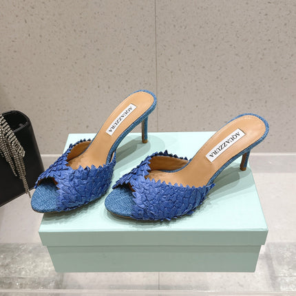 AQUAZZURA 26S HEELED MULES 80 MM IN NAVY BLUE WOVEN RAFFIA