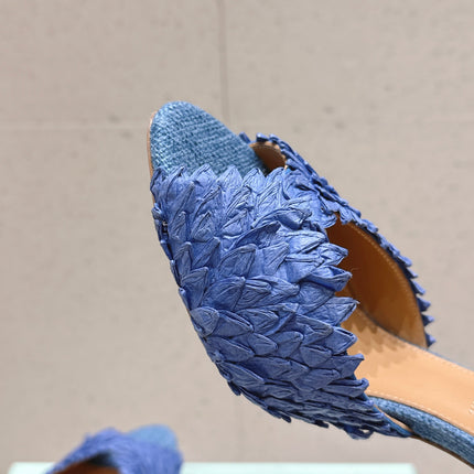 AQUAZZURA 26S HEELED MULES 80 MM IN NAVY BLUE WOVEN RAFFIA