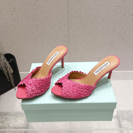 AQUAZZURA 26S HEELED MULES 80 MM IN PINK WOVEN RAFFIA