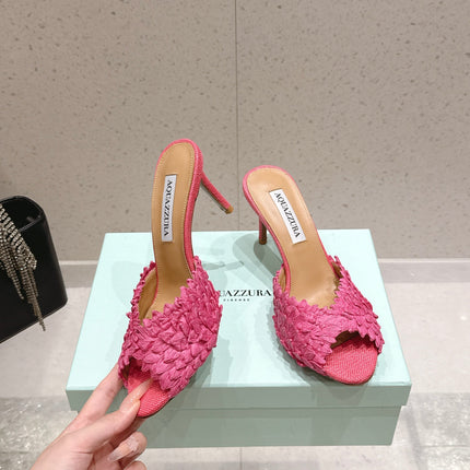 AQUAZZURA 26S HEELED MULES 80 MM IN PINK WOVEN RAFFIA