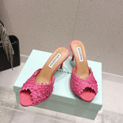 AQUAZZURA 26S HEELED MULES 80 MM IN PINK WOVEN RAFFIA