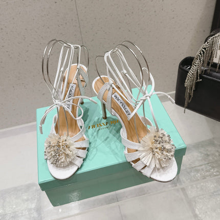 AQUAZZURA 26S HIGH-HEEL SANDALS 100 MM IN WHITE WOVEN RAFFIA