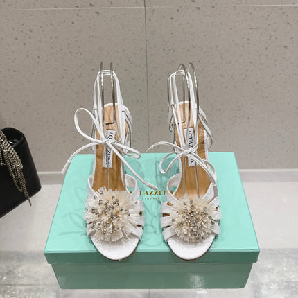AQUAZZURA 26S HIGH-HEEL SANDALS 100 MM IN WHITE WOVEN RAFFIA