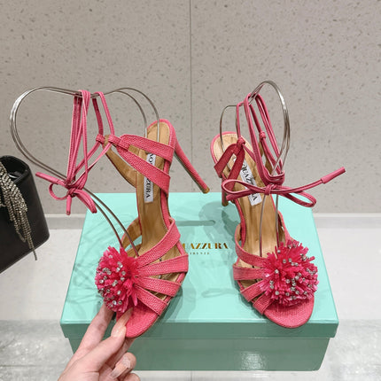 AQUAZZURA 26S HIGH-HEEL SANDALS 100 MM IN PINK WOVEN RAFFIA