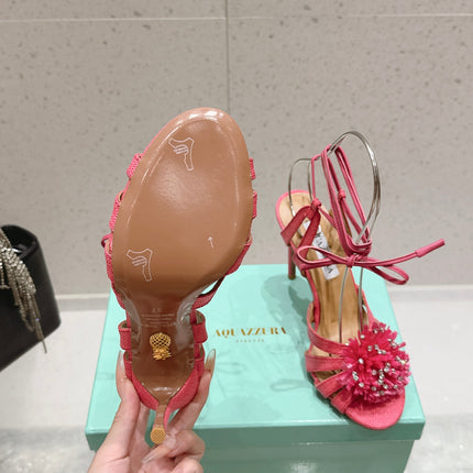 AQUAZZURA 26S HIGH-HEEL SANDALS 100 MM IN PINK WOVEN RAFFIA
