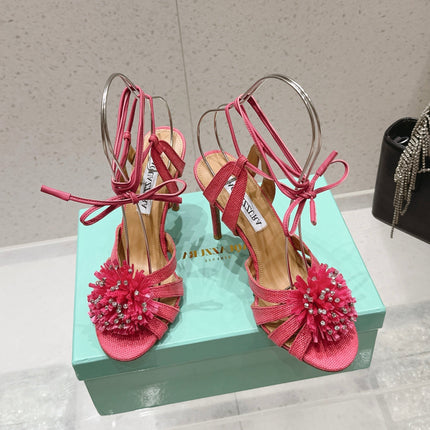 AQUAZZURA 26S HIGH-HEEL SANDALS 100 MM IN PINK WOVEN RAFFIA