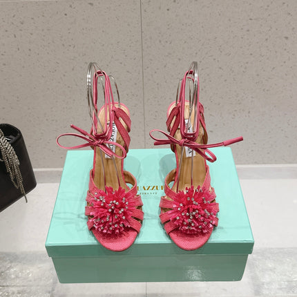 AQUAZZURA 26S HIGH-HEEL SANDALS 100 MM IN PINK WOVEN RAFFIA