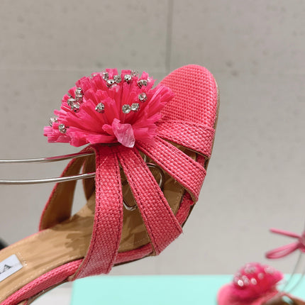 AQUAZZURA 26S HIGH-HEEL SANDALS 100 MM IN PINK WOVEN RAFFIA
