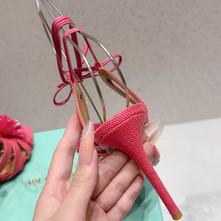 AQUAZZURA 26S HIGH-HEEL SANDALS 100 MM IN PINK WOVEN RAFFIA