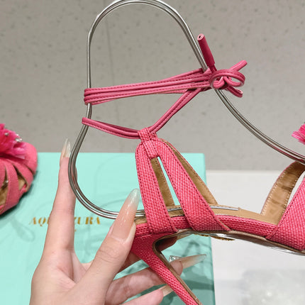 AQUAZZURA 26S HIGH-HEEL SANDALS 100 MM IN PINK WOVEN RAFFIA