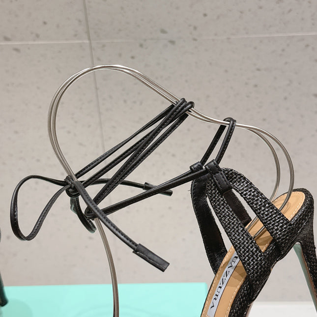 AQUAZZURA 26S HIGH-HEEL SANDALS 100 MM IN BLACK WOVEN RAFFIA
