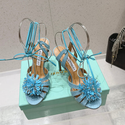 AQUAZZURA 26S HIGH-HEEL SANDALS 100 MM IN LIGHT BLUE WOVEN RAFFIA