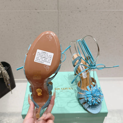 AQUAZZURA 26S HIGH-HEEL SANDALS 100 MM IN LIGHT BLUE WOVEN RAFFIA