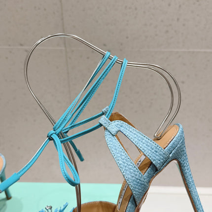 AQUAZZURA 26S HIGH-HEEL SANDALS 100 MM IN LIGHT BLUE WOVEN RAFFIA