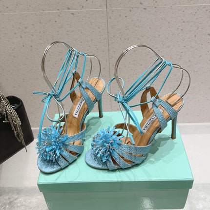 AQUAZZURA 26S HIGH-HEEL SANDALS 100 MM IN LIGHT BLUE WOVEN RAFFIA