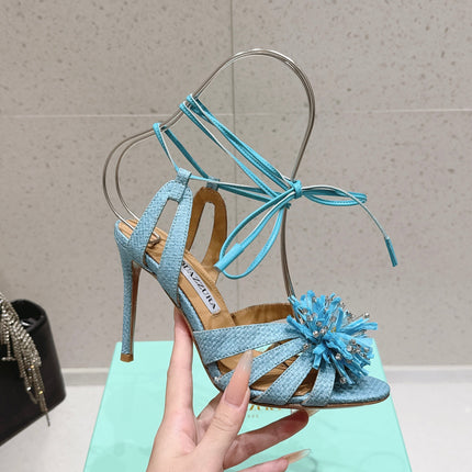 AQUAZZURA 26S HIGH-HEEL SANDALS 100 MM IN LIGHT BLUE WOVEN RAFFIA