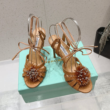 AQUAZZURA 26S HIGH-HEEL SANDALS 100 MM IN BROWN WOVEN RAFFIA