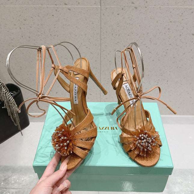 AQUAZZURA 26S HIGH-HEEL SANDALS 100 MM IN BROWN WOVEN RAFFIA