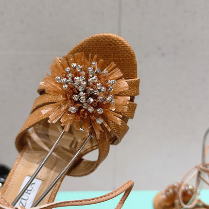AQUAZZURA 26S HIGH-HEEL SANDALS 100 MM IN BROWN WOVEN RAFFIA