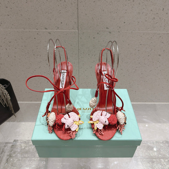 AQUAZZURA 26S HIGH-HEEL SANDALS 100 MM IN CORAL RED LAMBSKIN