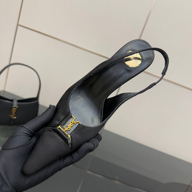 YSL 25S SLINGBACK HIGH HEELS 90 MM IN BLACK SATIN WITH GOLD HARDWARE STYLE 18