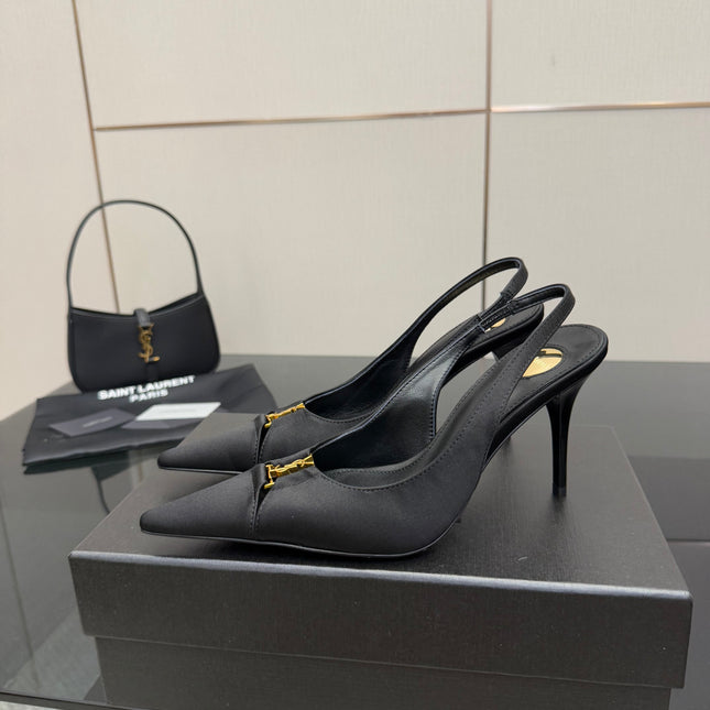 YSL 25S SLINGBACK HIGH HEELS 90 MM IN BLACK SATIN WITH GOLD HARDWARE STYLE 18