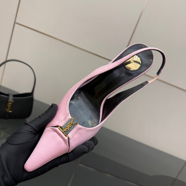 YSL 25S SLINGBACK HIGH HEELS 90 MM IN PINK SATIN WITH GOLD HARDWARE STYLE 17