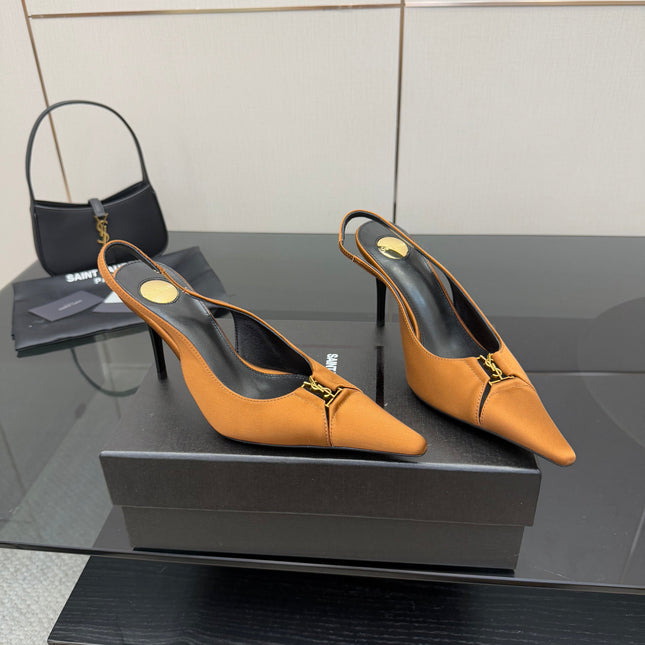 YSL 25S SLINGBACK HIGH HEELS 90 MM IN DARK ORANGE SATIN WITH GOLD HARDWARE STYLE 16