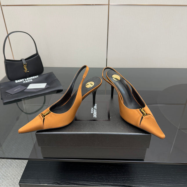 YSL 25S SLINGBACK HIGH HEELS 90 MM IN DARK ORANGE SATIN WITH GOLD HARDWARE STYLE 16