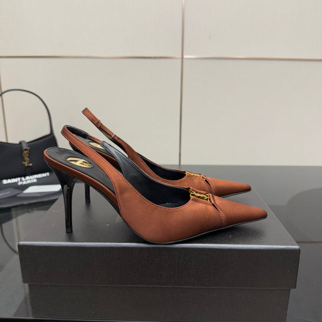 YSL 25S SLINGBACK HIGH HEELS 90 MM IN COGNAC BROWN SATIN WITH GOLD HARDWARE STYLE 15