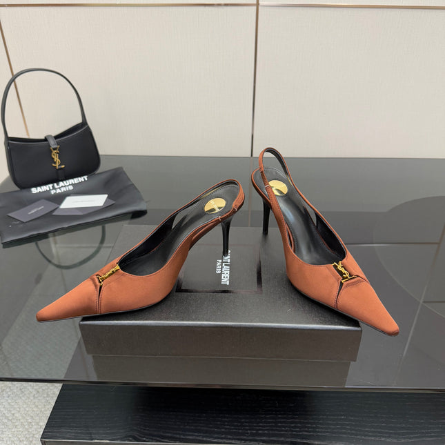 YSL 25S SLINGBACK HIGH HEELS 90 MM IN COGNAC BROWN SATIN WITH GOLD HARDWARE STYLE 15