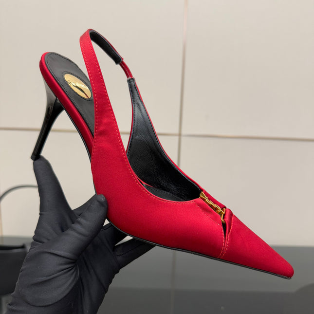 YSL 25S SLINGBACK HIGH HEELS 90 MM IN RED SATIN WITH GOLD HARDWARE STYLE 14