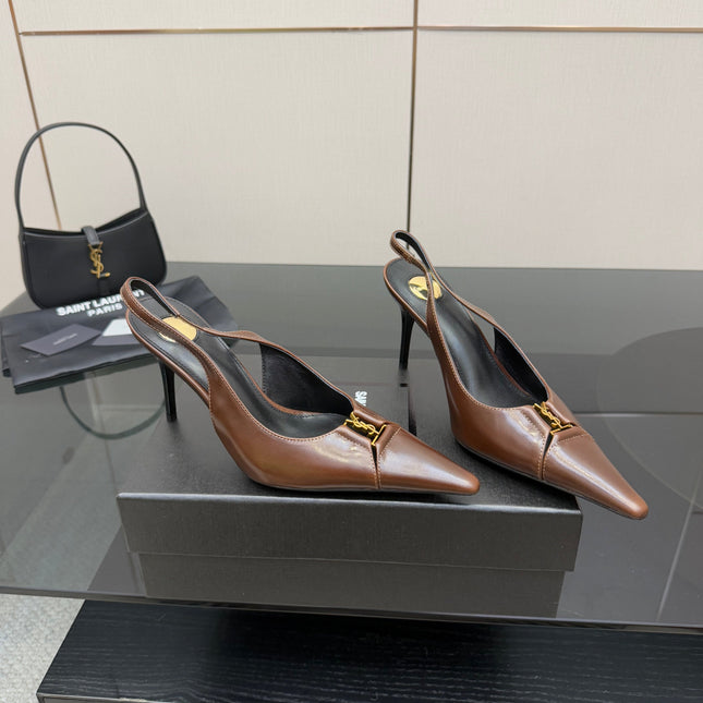 YSL 25S SLINGBACK HIGH HEELS 90 MM IN CHESTNUT BROWN LAMBSKIN WITH GOLD HARDWARE STYLE 12