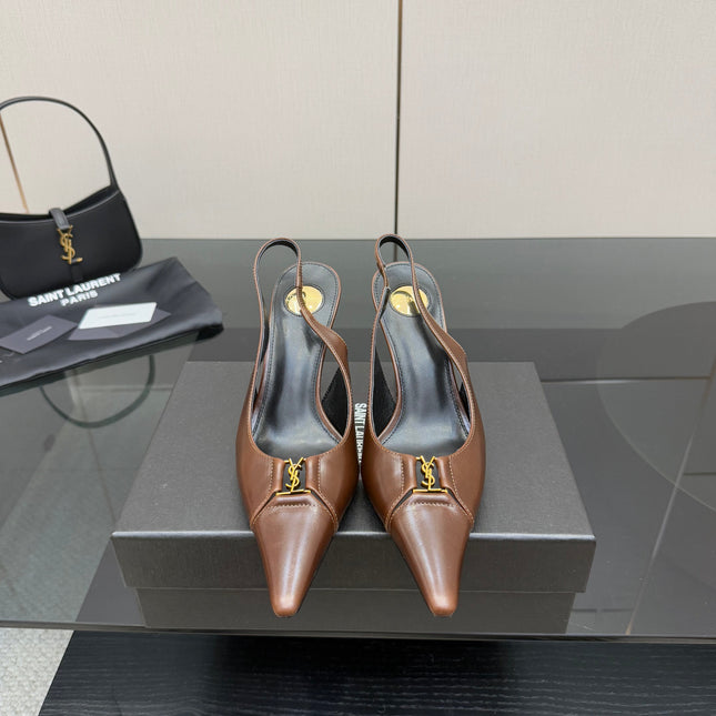 YSL 25S SLINGBACK HIGH HEELS 90 MM IN CHESTNUT BROWN LAMBSKIN WITH GOLD HARDWARE STYLE 12