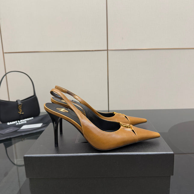 YSL 25S SLINGBACK HIGH HEELS 90 MM IN COPPER BROWN LAMBSKIN WITH GOLD HARDWARE STYLE 11