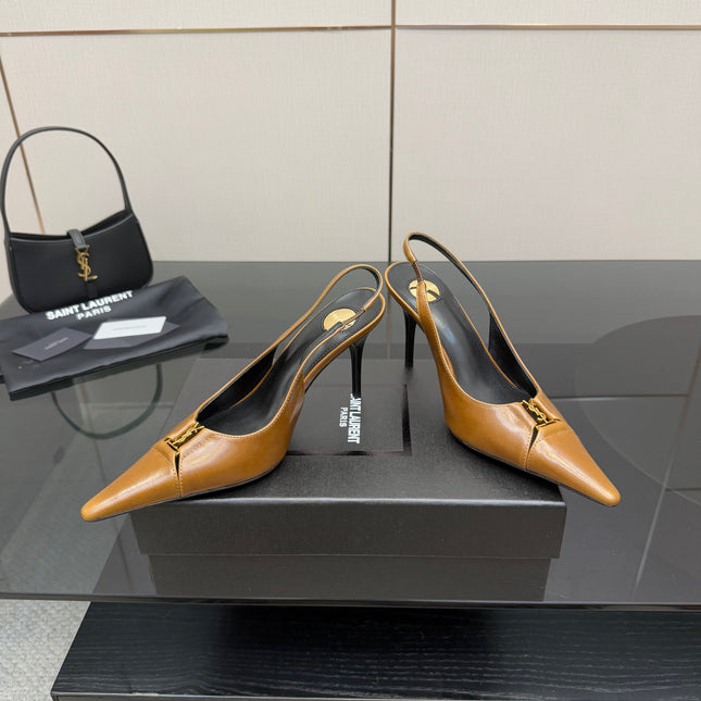 YSL 25S SLINGBACK HIGH HEELS 90 MM IN COPPER BROWN LAMBSKIN WITH GOLD HARDWARE STYLE 11