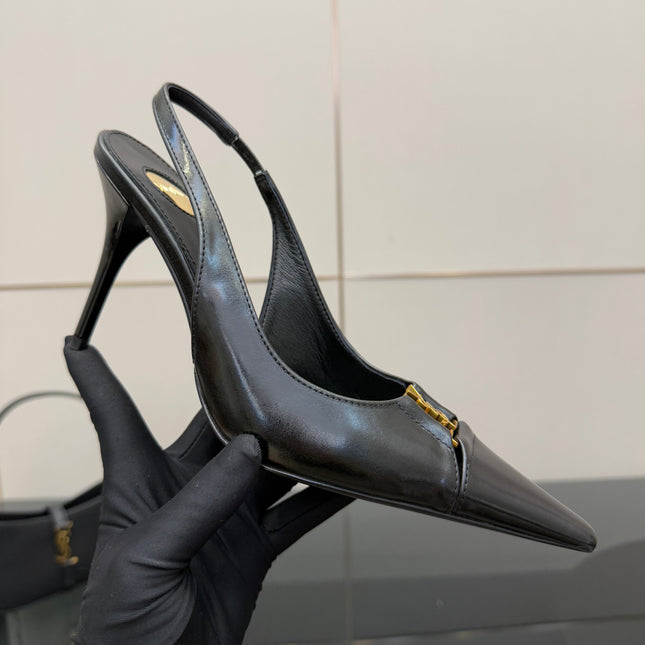 YSL 25S SLINGBACK HIGH HEELS 90 MM IN BLACK LAMBSKIN WITH GOLD HARDWARE STYLE 10