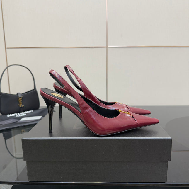 YSL 25S SLINGBACK HIGH HEELS 90 MM IN DARK RED LAMBSKIN WITH GOLD HARDWARE STYLE 9
