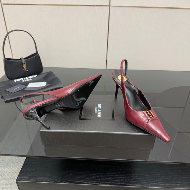 YSL 25S SLINGBACK HIGH HEELS 90 MM IN DARK RED LAMBSKIN WITH GOLD HARDWARE STYLE 9