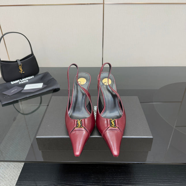 YSL 25S SLINGBACK HIGH HEELS 90 MM IN DARK RED LAMBSKIN WITH GOLD HARDWARE STYLE 9