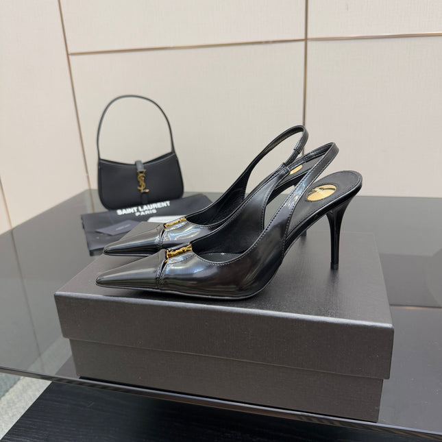 YSL 25S SLINGBACK HIGH HEELS 90 MM IN BLACK LAMBSKIN WITH GOLD HARDWARE STYLE 8