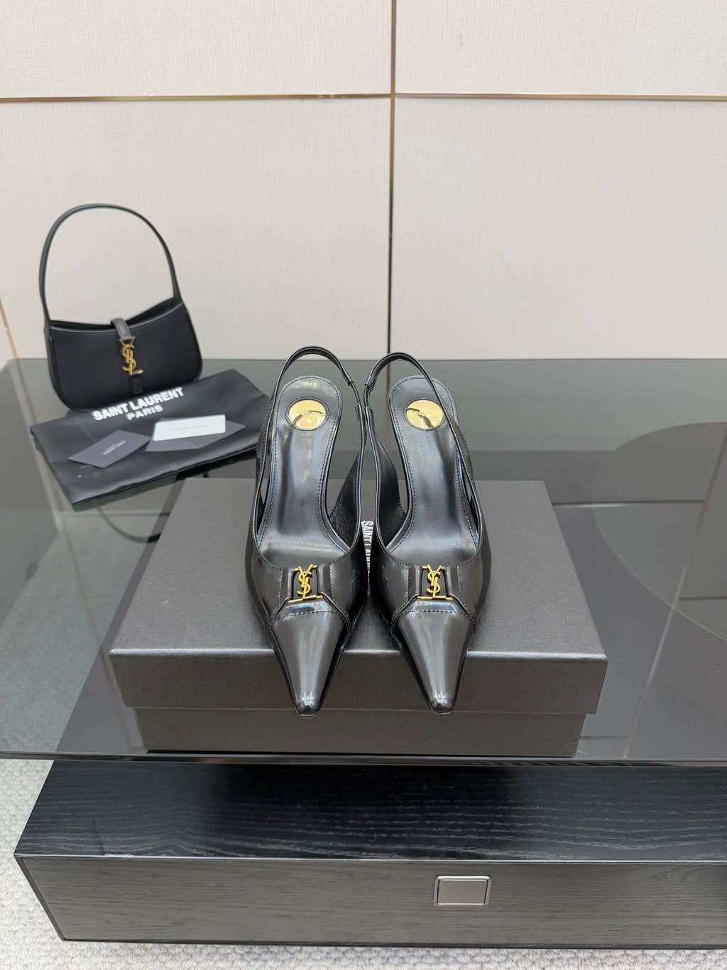 YSL 25S SLINGBACK HIGH HEELS 90 MM IN BLACK LAMBSKIN WITH GOLD HARDWARE STYLE 8