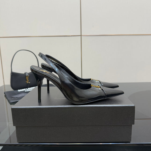YSL 25S SLINGBACK HIGH HEELS 90 MM IN BLACK LAMBSKIN WITH GOLD HARDWARE STYLE 8